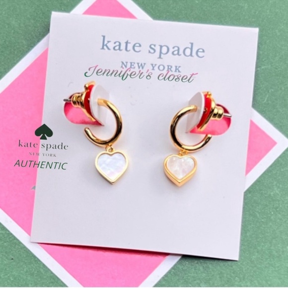 Kate Spade Mother Of Pearl Heart Charm Drop Huggie Earrings NWT - Picture 2 of 5